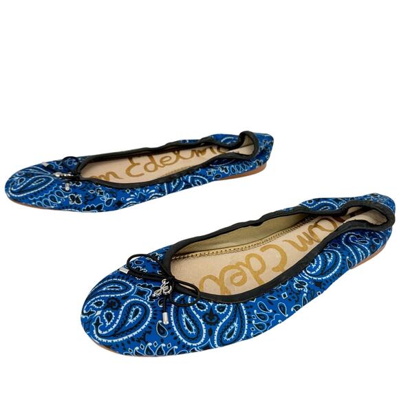 Sam Edelman Felicia Blue Paisley Fabric Leather Bow Ballet Flats Sz 7.5 - Picture 1 of 12